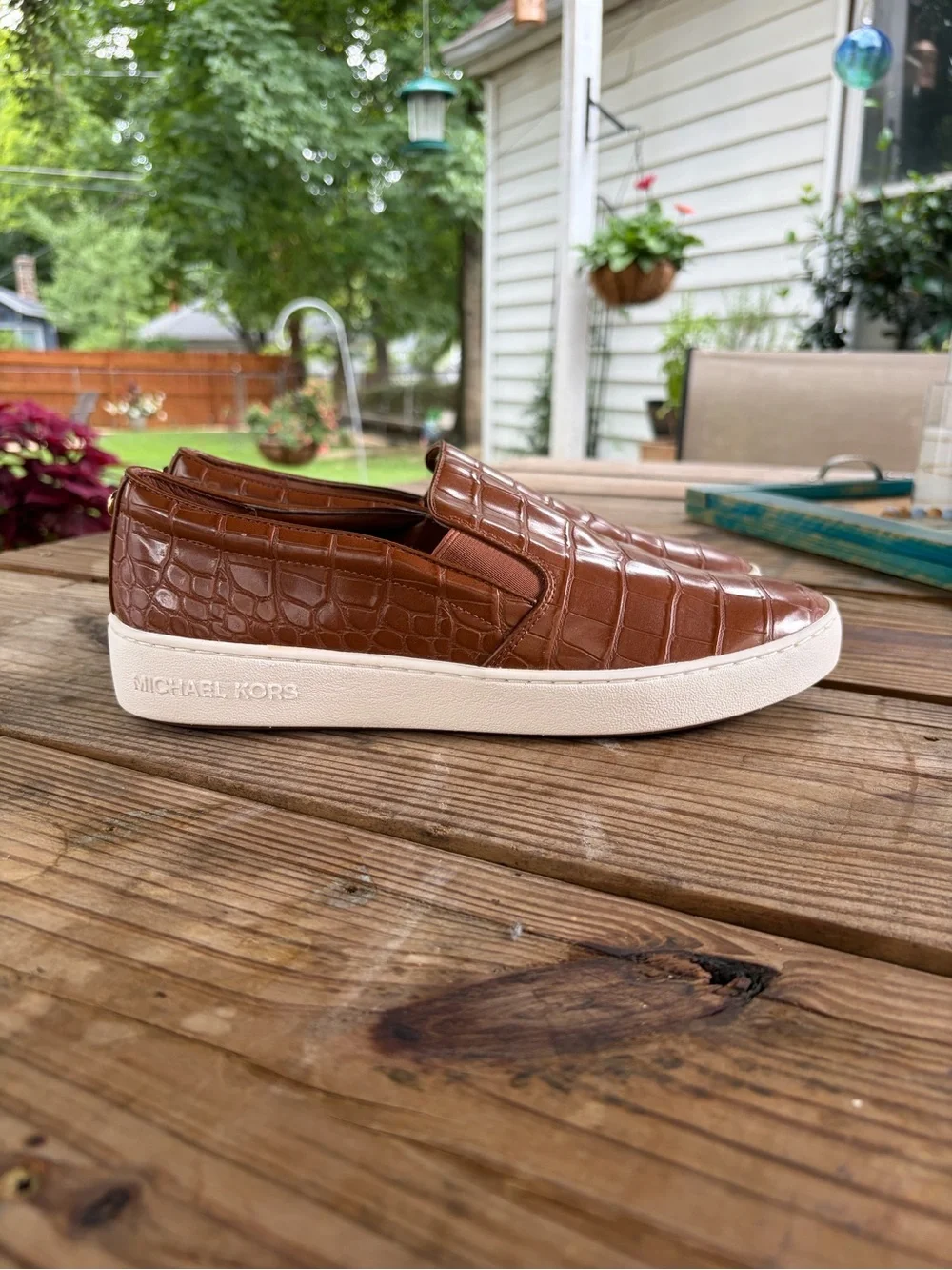 Michael Kors Women’s Brown Croc-Embossed Slip-On Sneakers with White Sole